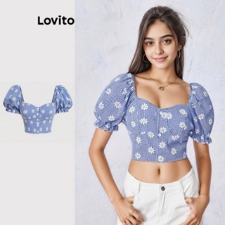 Lovito Blusa com Babados e Mangas Bufantes em Estampa Floral Casual para Mulheres L55AD020 (Azul Royal)