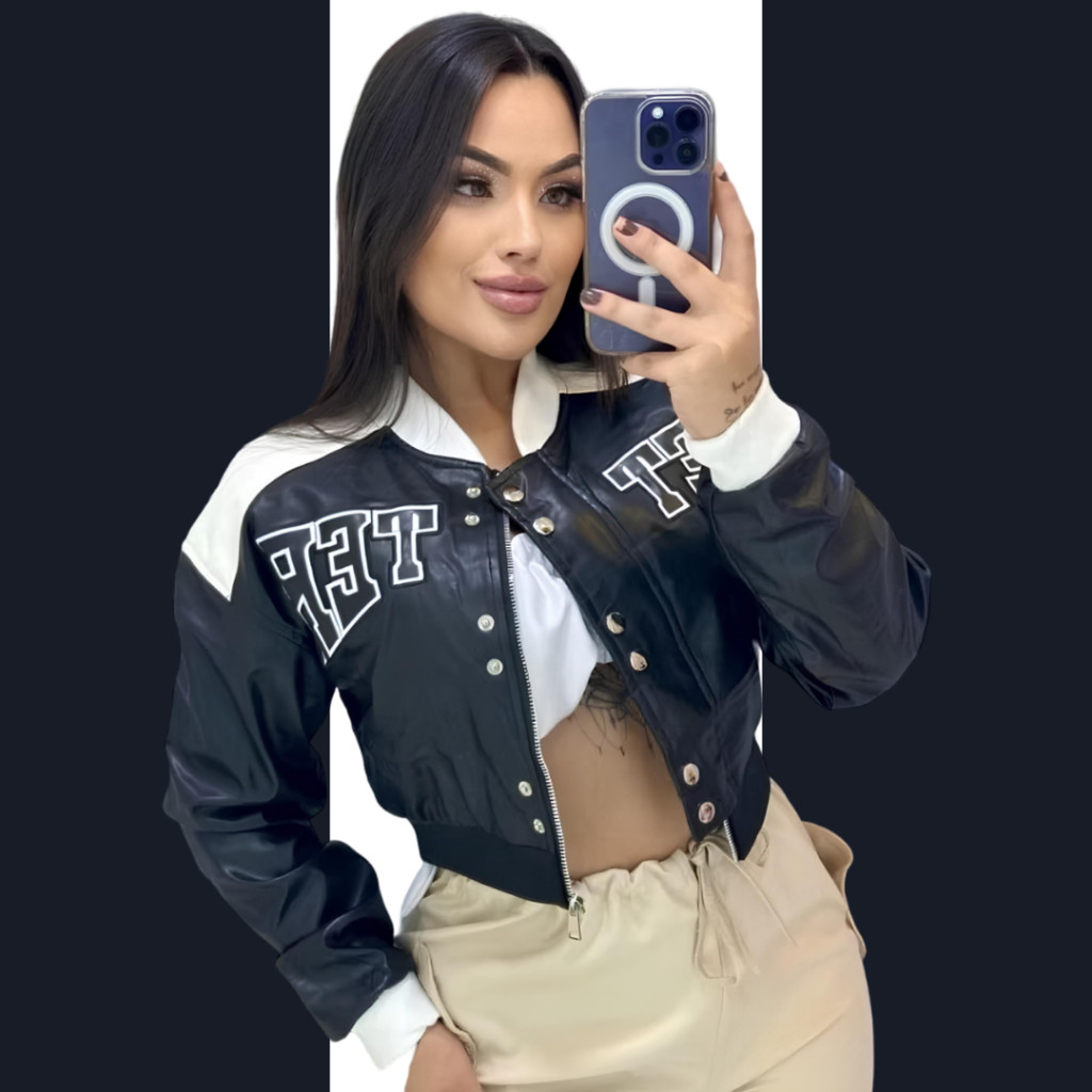 Jaqueta de couro feminina Better puffer Curta College Motoqueiro