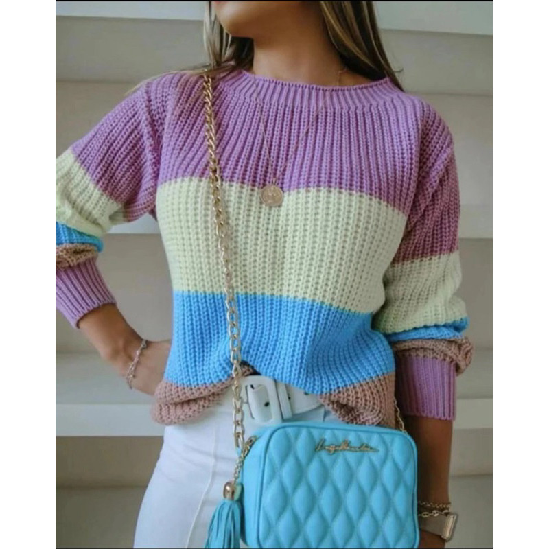 Blusa Tricot Com Manga Longa Colorida Listrada Inverno