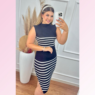 Saia e Cropped Feminino de Tricot com Listras
