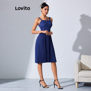 Lovito Vestido com Pregas Liso Elegante para Mulheres LBL08137