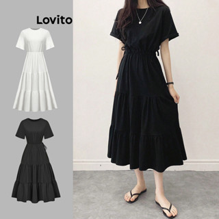 Lovito Casual Vestido Feminino Liso com Camadas e Cordão L68ED143 (Preto)