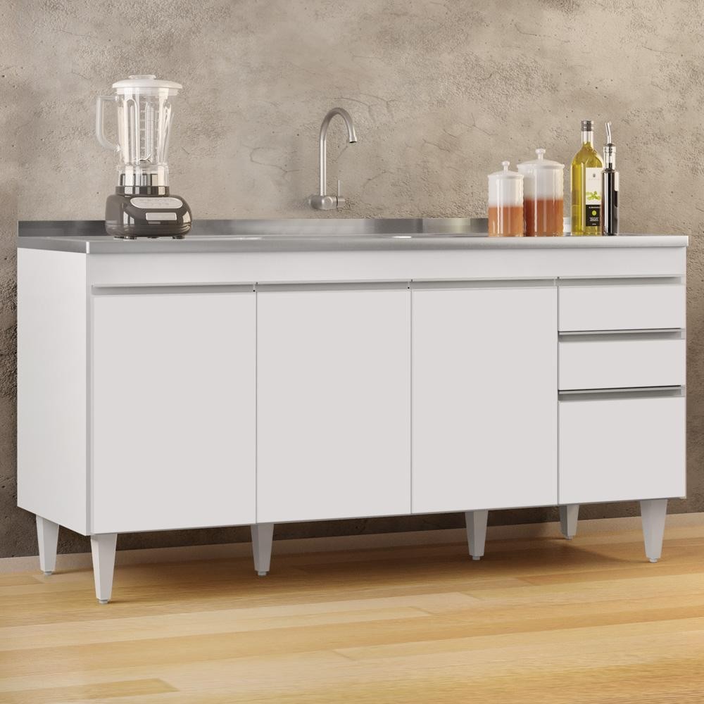 Balcão Gabinete com Pia Inox 160cm Arkansas Branco - Lumil - Home & Living