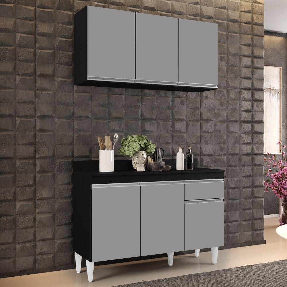 Armário Aéreo Virgínia e Balcão com Tampo 120cm Arizona Preto/Cinza - Lumil em Oferta na Shopee