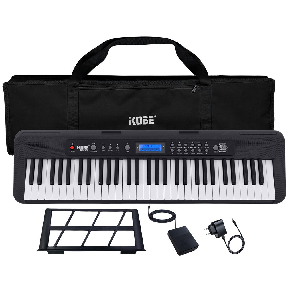 Kit Teclado Musical Kobe KB-300 5/8 61 Teclas Sensitivas Capa e Pedal Sustain