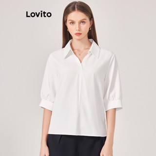 Lovito Casual Blusa Feminina Lisa Básica com Gola L71ED015 (Branco/Azul)