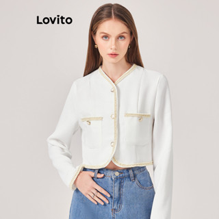 Lovito Casual Jaqueta Feminina Lisa com Costura Contrastante e Botão L71ED074 (Branco)