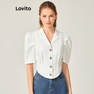 Lovito Casual Blusa Feminina Lisa Plissada com Botão L71ED237 (Branco)