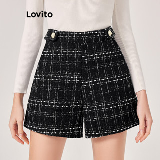 Lovito Elegante Shorts Feminino Liso com Bolso e Pérolas L71ED214 (Preto e Branco/Preto)