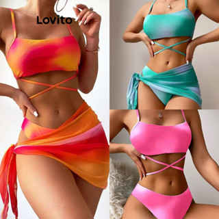 Lovito Conjuntos De Biquíni Sexy Tie-Dye Com Cadarço Para Mulheres LNL37055 (Laranja/Rosa Choque/Azul)