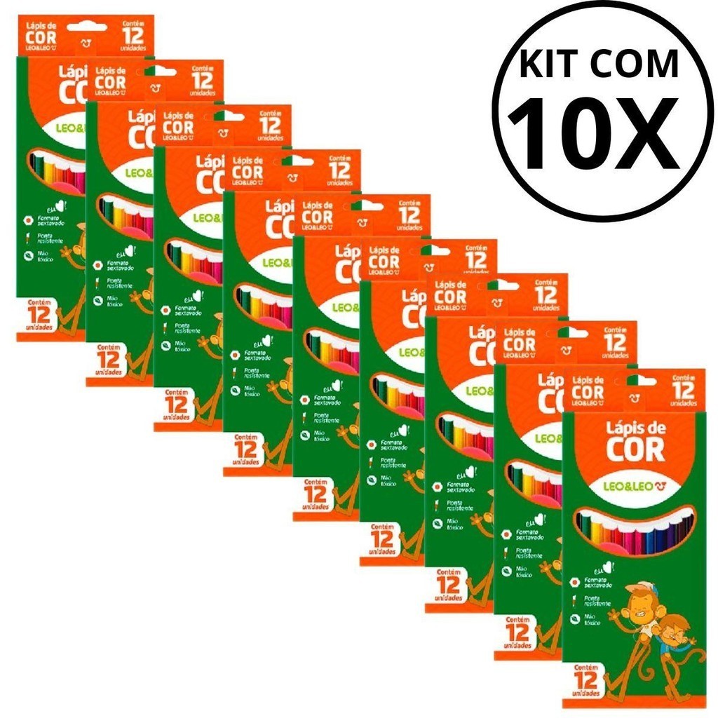 Kit Com 10 Caixa De Lápis De Cor LEO&LEO Com 12 Cores - LEONORA em Oferta na Shopee