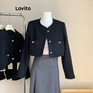 Lovito Casual Blazer Feminino Liso com Bolso e Botão LNE33051 (Preto)