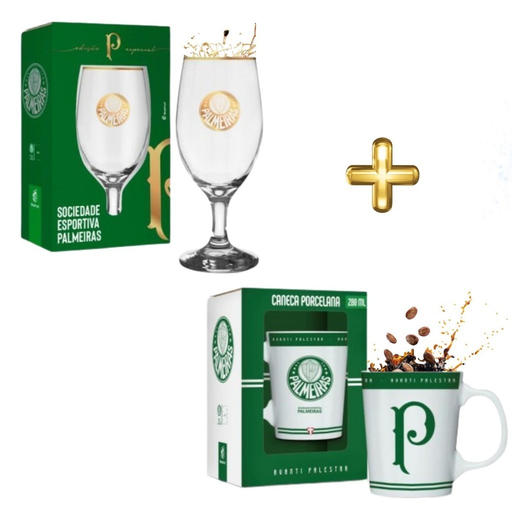 Kit Oficial Taça 330ml + Caneca Porcelana 260ml Time Palmeiras Chopp Serie Ouro Palestra Presente
