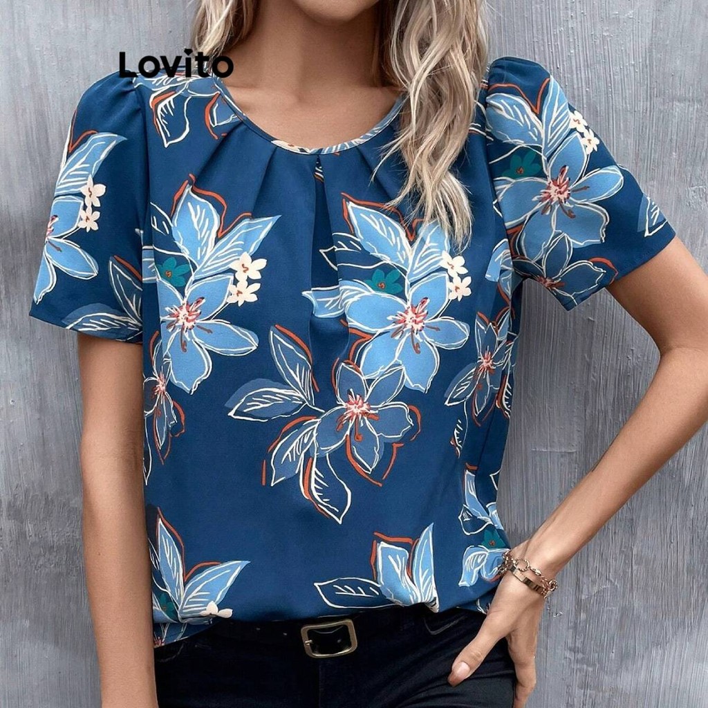 Lovito Blusa Boho Verão/Primavera Blusa Floral Plissada Flores Para Mulheres LBL19195 - Women Clothes