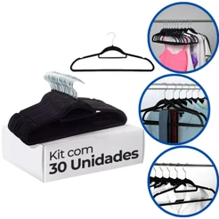 Kit 30 Cabides Preto Slim VeludoAntideslizante Premium 42cm