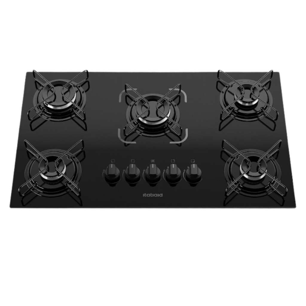 Cooktop 5 Bocas À Gás Itatiaia Essencial Tripla Chama Fogão Preto de Vidro 127v/220v Bivolt