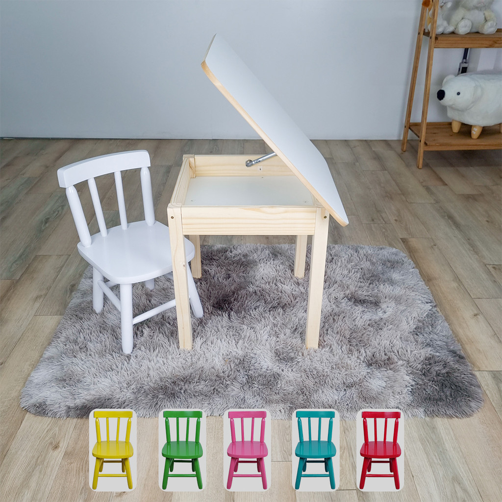 Conjunto Mesa Quadrada Baú Infantil Madeira Maciça Resistente 1 Cadeira Colorida Laqueada