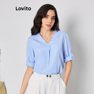 Lovito Blusa Listrada com Botões e Plissado Elegante para Mulheres LBL08023