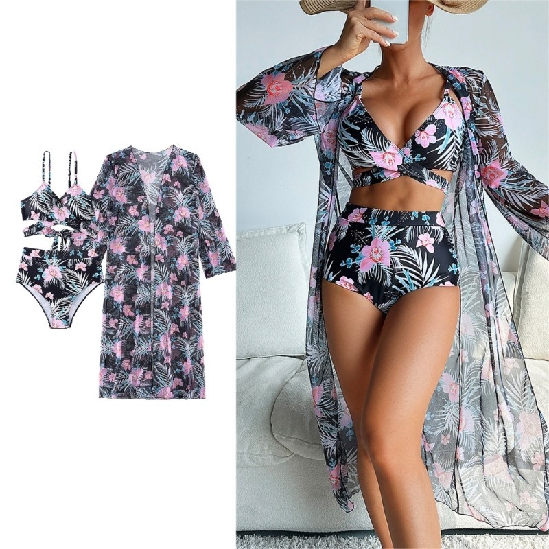 Bmico 3 Peças Maiô Feminino Estampa Floral, Shorts Banho, Conjunto Biquínis