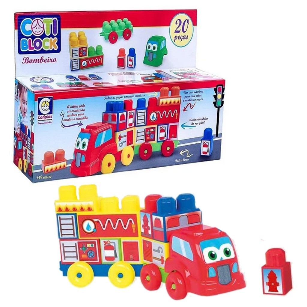 Brinquedo de Montar Coti Bloco Caminhão de Bombeiro Cor Sortida 20 Peças para Crianças +19 Meses Cotiplás - 2355 - Mom & Baby