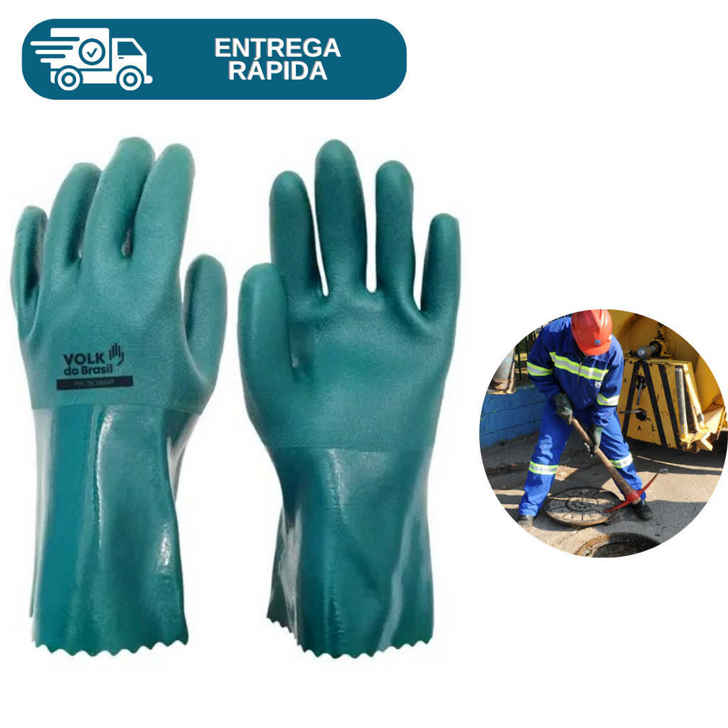 Luva De PVC 26cm Verde Cano Curto Forrada Palma Áspera Resistente Proteção Química Esgoto Epi Volk