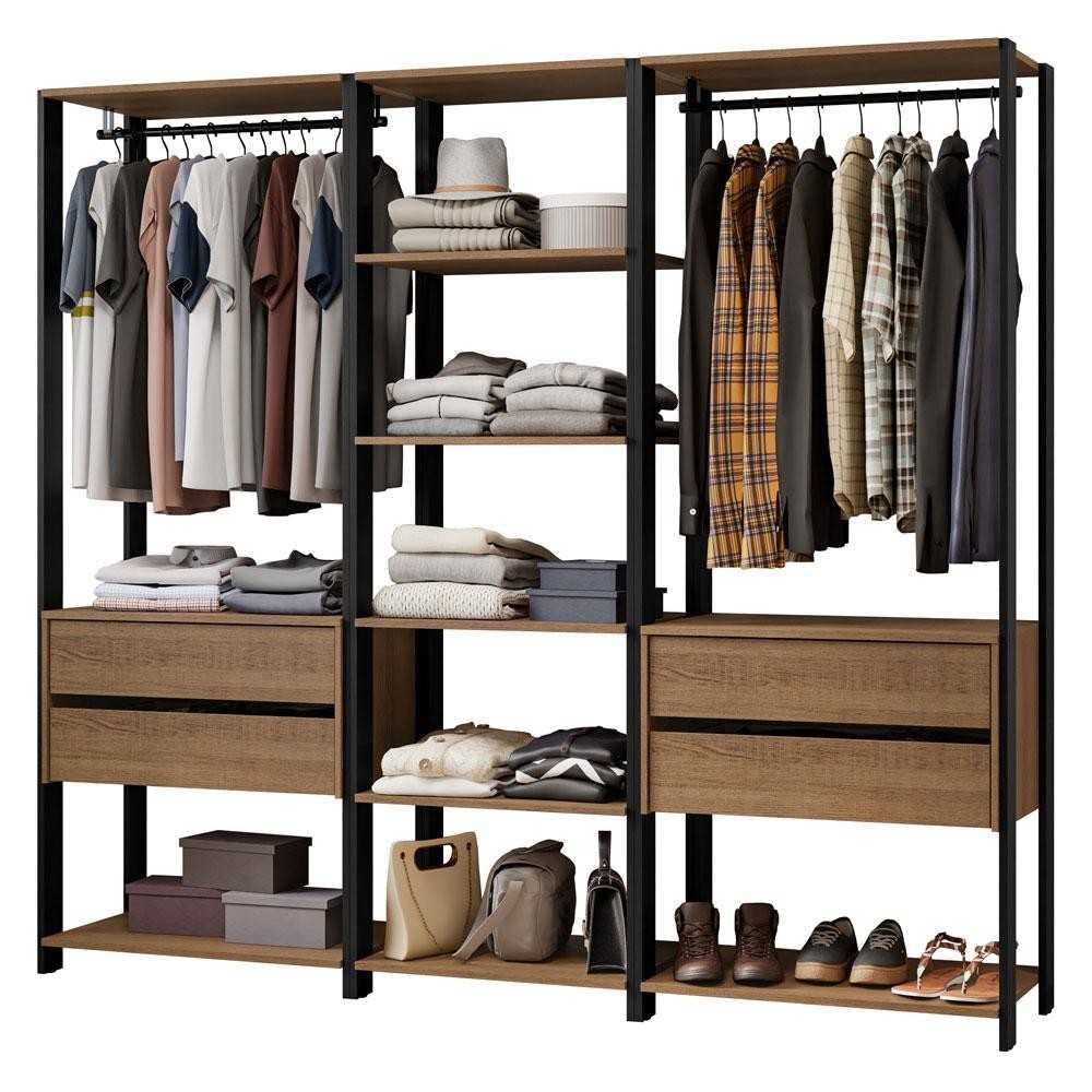 Guarda-Roupa Closet Modulado 199cm 4 Gavetas Rustic/Preto 02 Valencia Madesa