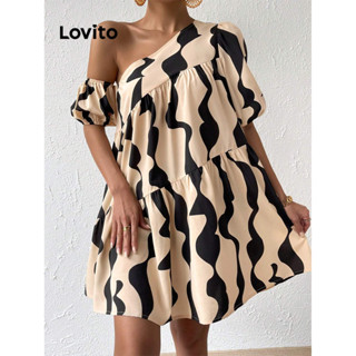 Lovito Vestido Boho em Camadas Assimétricas com Babado e Estampa Geométrica para Mulheres LBL08179