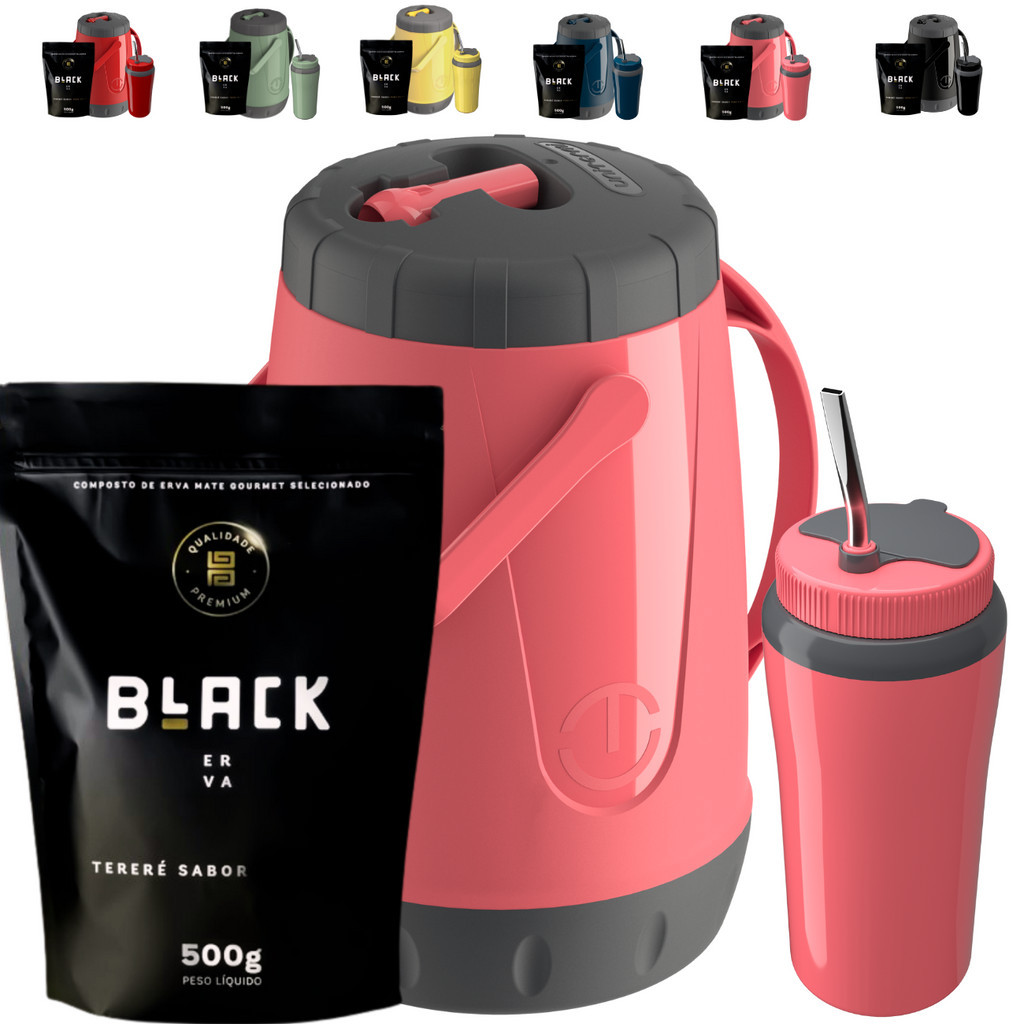 Kit Tereré Garrafa Pávia Copo Térmico Bomba Inox Unitermi Black Erva Mate Escolha sabor e cor do KIT