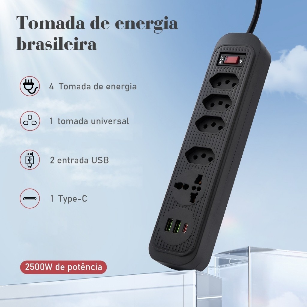 COIBEU Extension 4 Sockets 2 USB 1 Type-C E Universal Socket 1 Universal Bivolt Power 110v/220v 2m