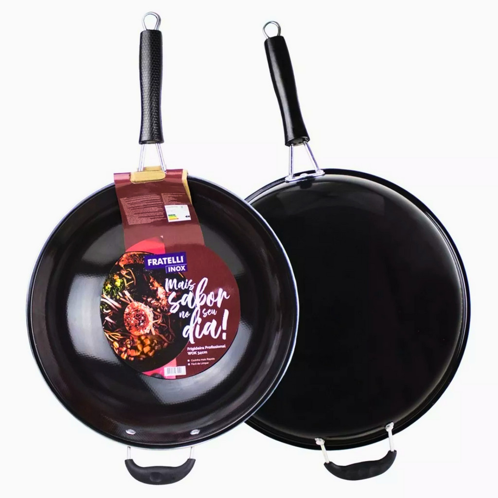Frigideira Wok Funda Antiaderente Alta Inox 34cm Yakisoba e Refogados Com 2 Alças