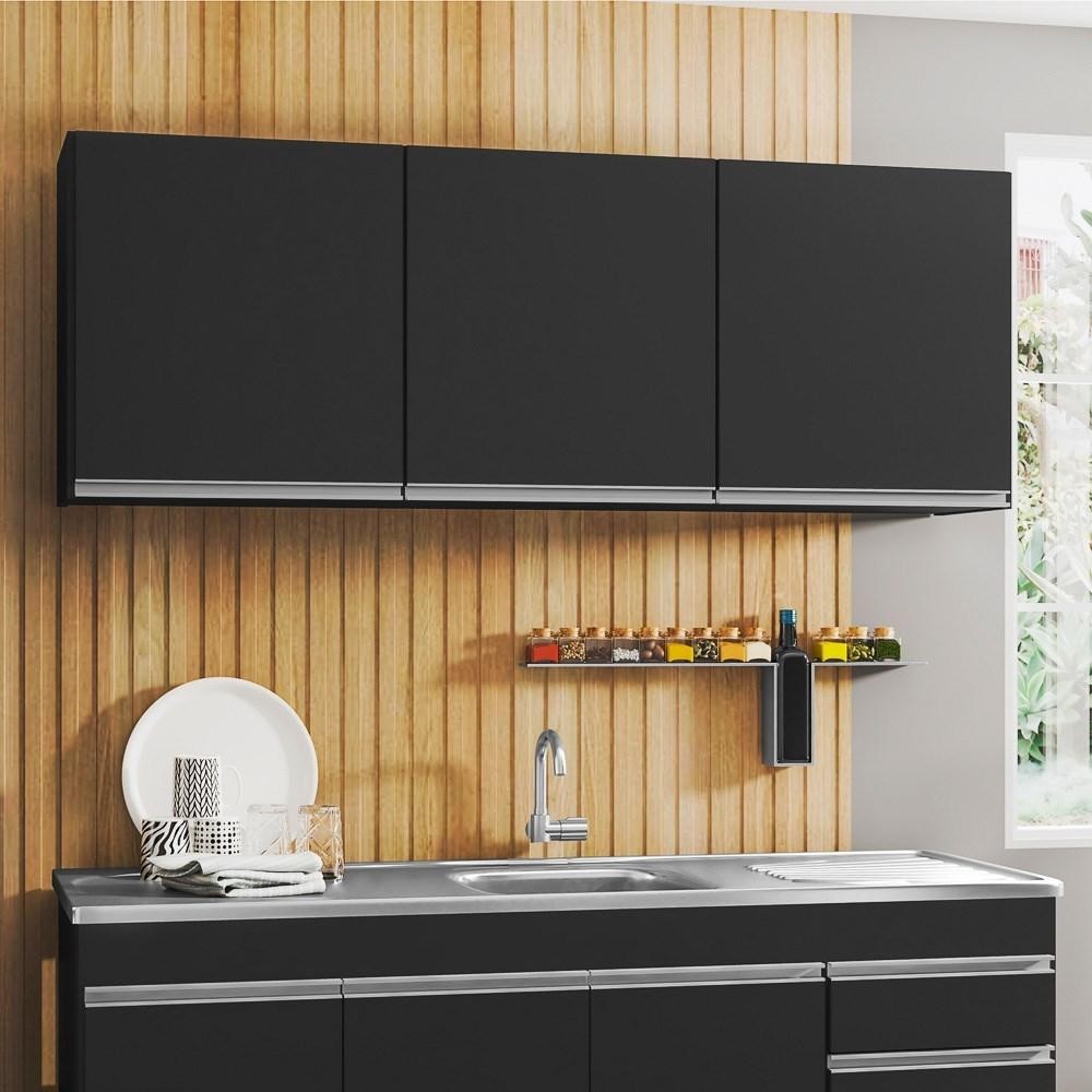 Armário Aéreo de Cozinha 150cm 3 Portas Argélia Preto - Lumil em Oferta na Shopee