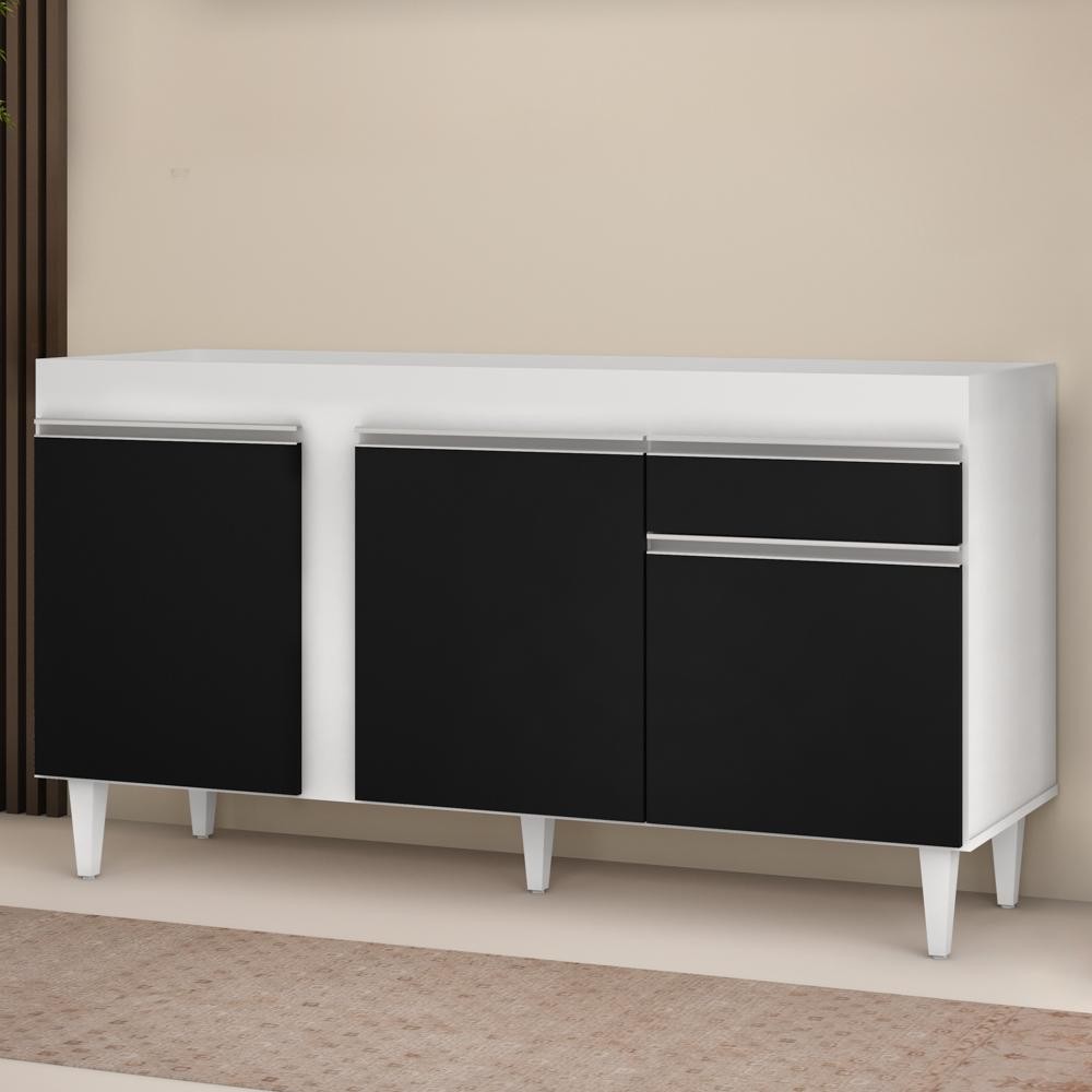 Balcão Gabinete Para Pia 150cm Sem Tampo 3 Portas 1 Gaveta Dakota Branco/Preto - Lumil - Home & Living