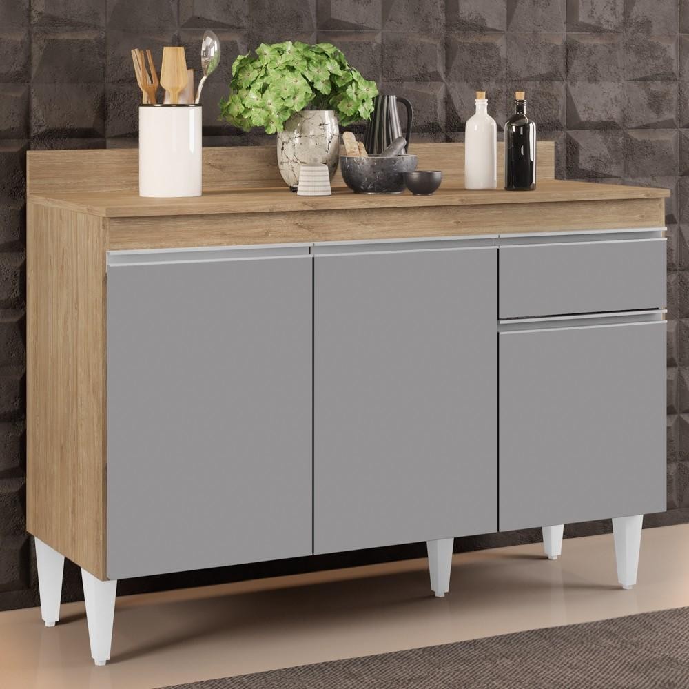 Balcão Gabinete 120cm Com Tampo 3 Portas 1 Gaveta Arizona Castanho/Cinza - Lumil Móveis