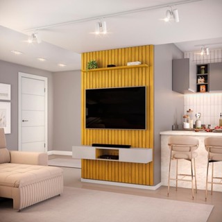 Painel com Bancada para TV até 60 Polegadas Ripado DJ Móveis Trento 143 Cedro Bali em Oferta na Shopee