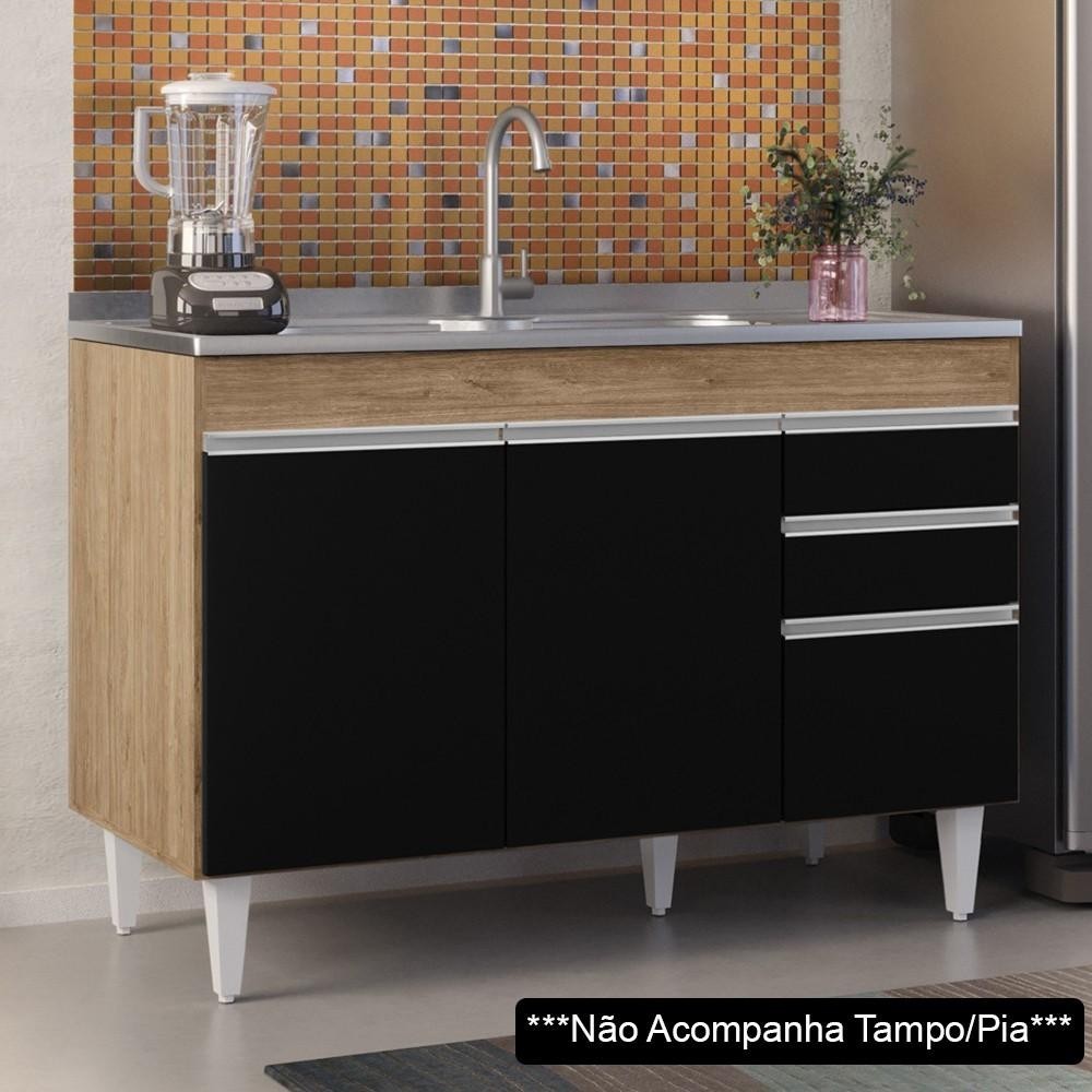 Balcão Gabinete Para Pia 120cm sem Tampo 3 Portas 2 Gavetas Michigan Castanho/Preto - Lumil - Home & Living
