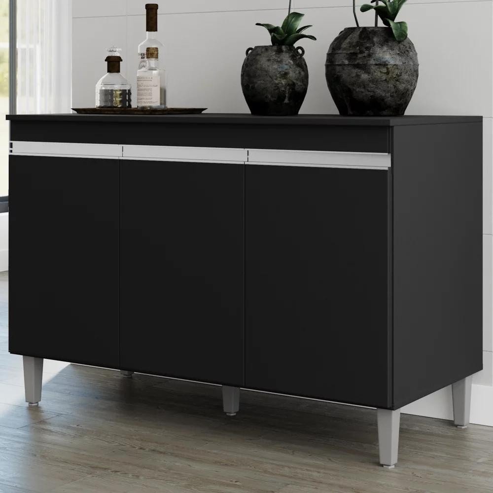 Balcão Gabinete 120cm 3 Portas Com Tampo Manu Preto - AJL Móveis