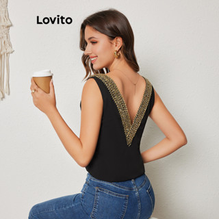 Lovito Casual Blusa Feminina Lisa com Fita de Contraste LBL08268
