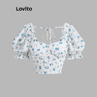 Lovito Casual Blusa Feminina Floral de Manga Bufante com Bainha Enrugada L70AD014 (Branco)