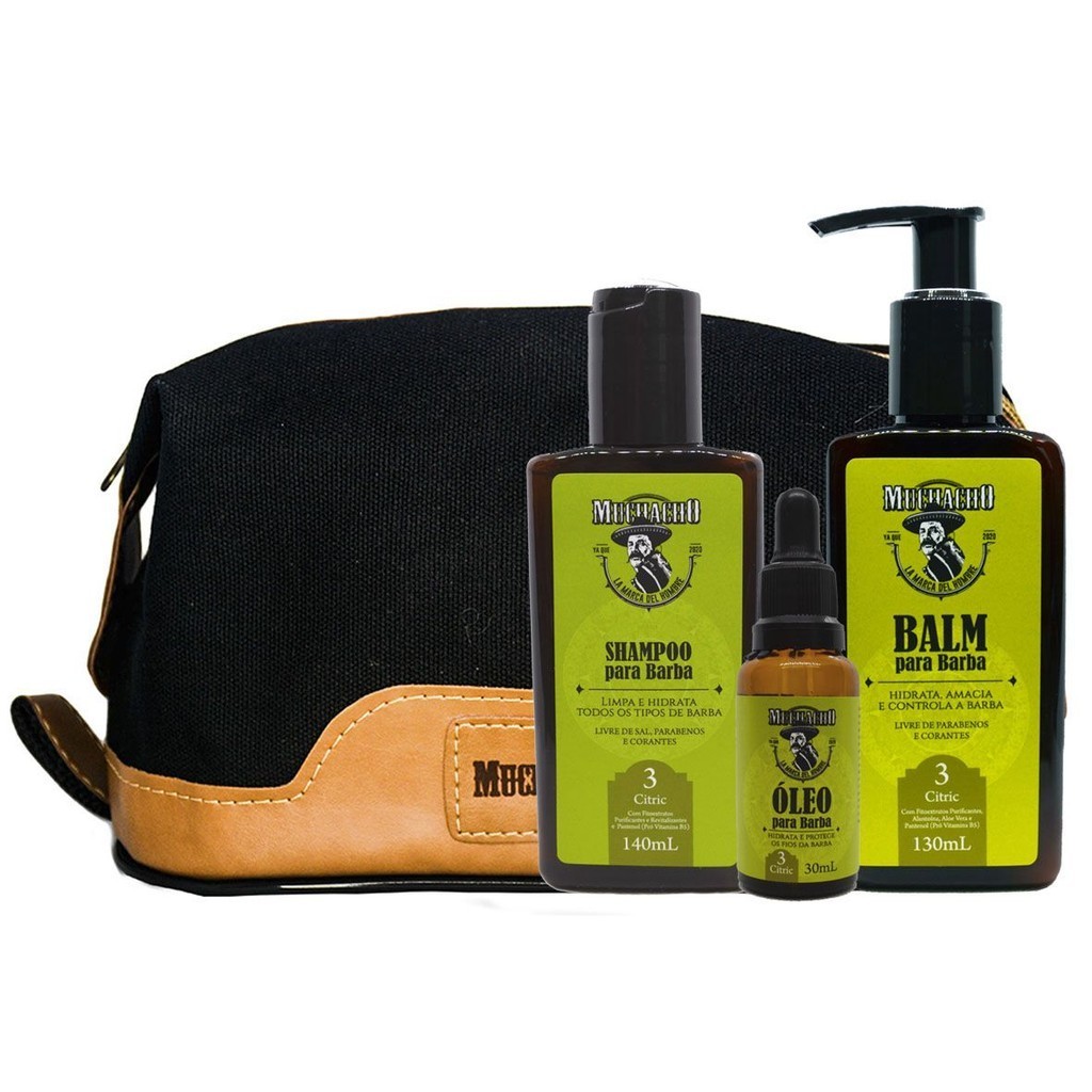 Kit Shampoo para Barba, Balm para Barba e Óleo para Barba Muchacho Citric com Necessaire Masculina Muchacho Mo