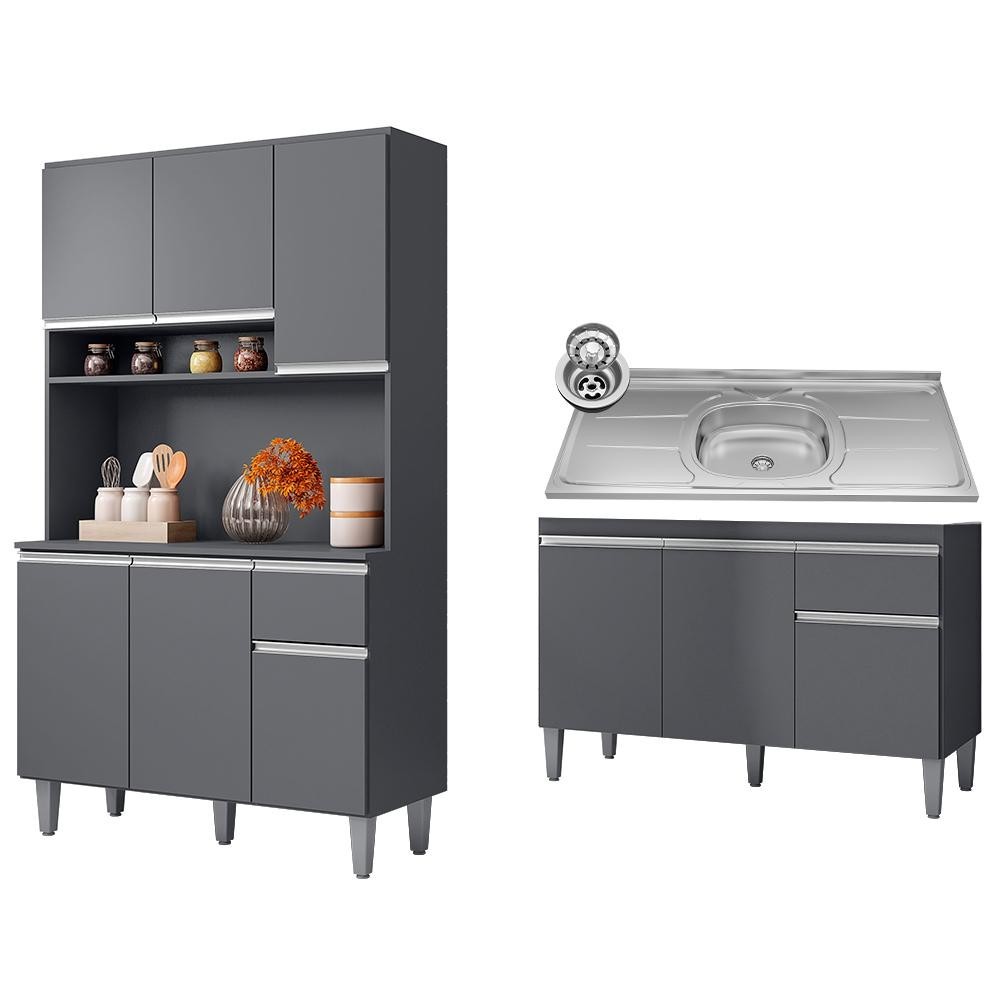 Cozinha Compacta Márcia e Balcão Gabinete Com Pia Tatiane 120cm Cinza - AJL Móveis em Oferta na Shopee