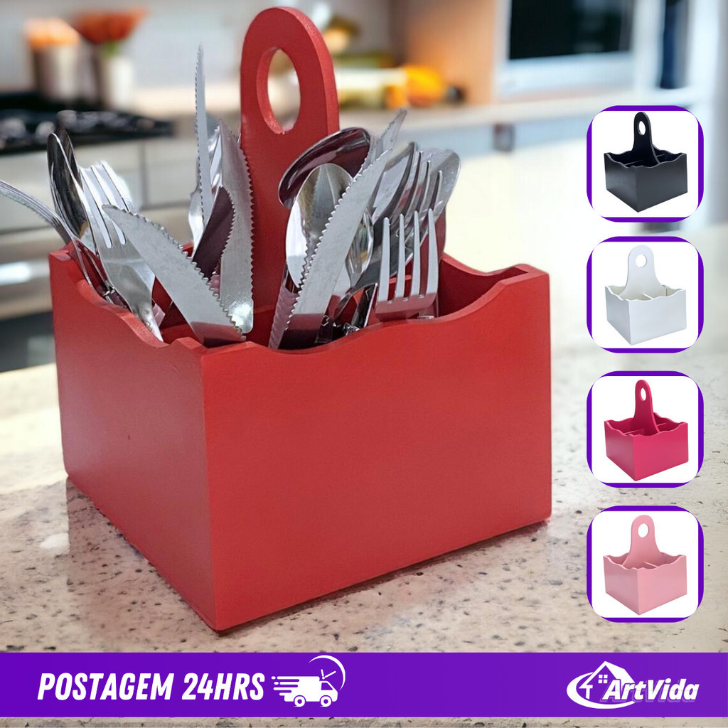 Porta Talheres de Mesa Liso - Feito em MDF - Com 4 Compartimentos para Organizar seus Talheres, Cores: Vermelho, Preto, Branco, Rosa, Pink. Organizador, Suporte, Cozinha