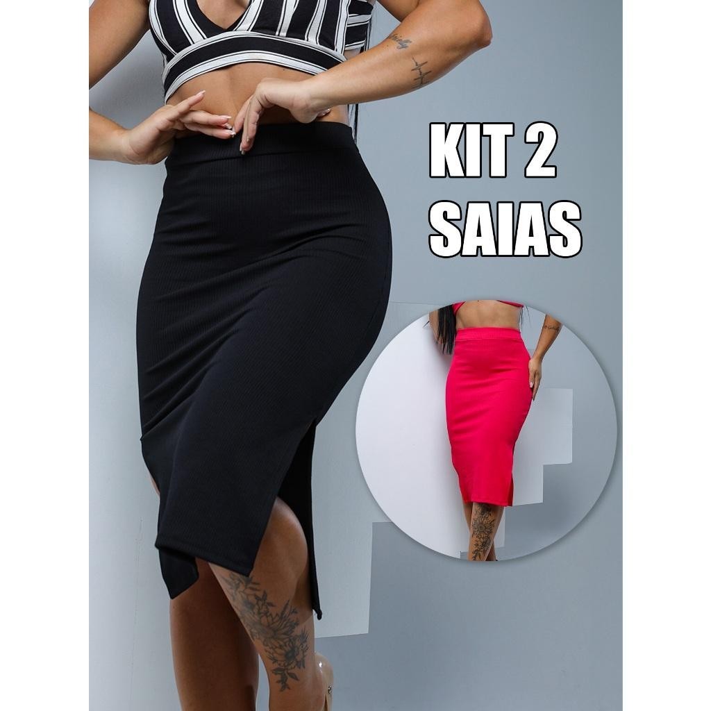 Kit 2 Saias Midi Femininas Midi com Fenda Lateral e Elastano Premium Preto e Pink