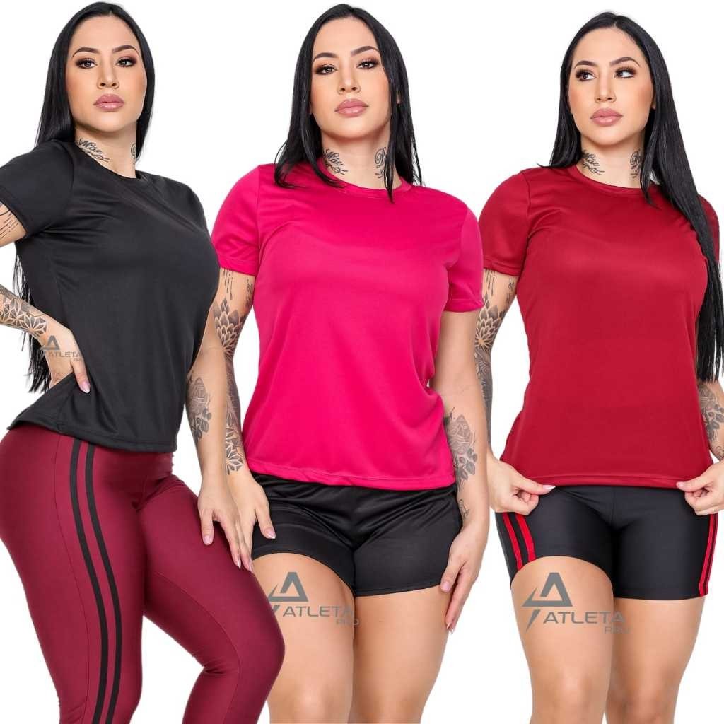 Kit 3 Camisetas Feminina Manga Curta Dry Fitness Para Treino Academia e Corrida