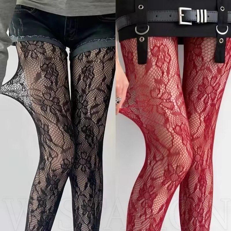 Meia Feminina Flor Oca Preta Branca-Calça Arrastão De Renda Lolita-Doce , Y2k , Fofa , Moderna-Macia , Confortável , Alt