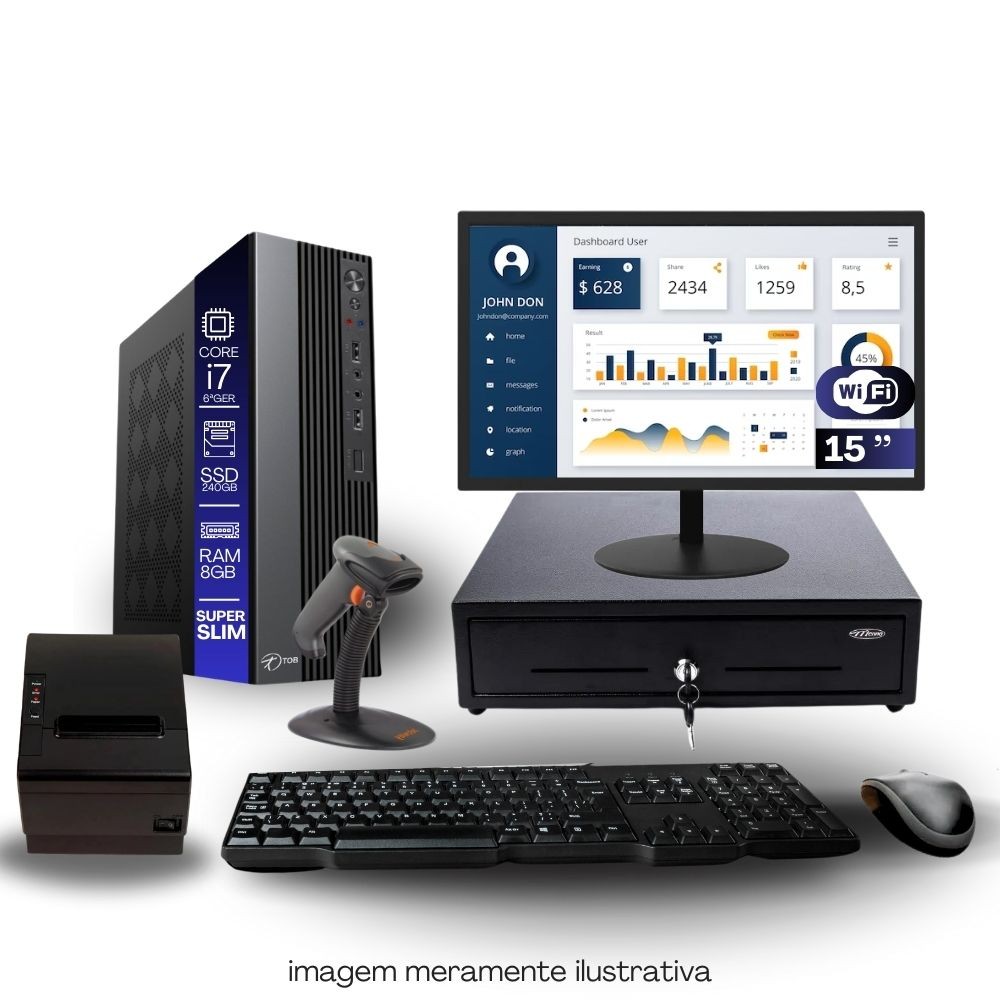 Kit PDV TOB i7 6ªG 8GB SSD 240GB Win11 Rede S/Fio Teclado Mouse Monitor 15" Gvt. Dinheiro  Imp. Térmica Leitor Cód Barra