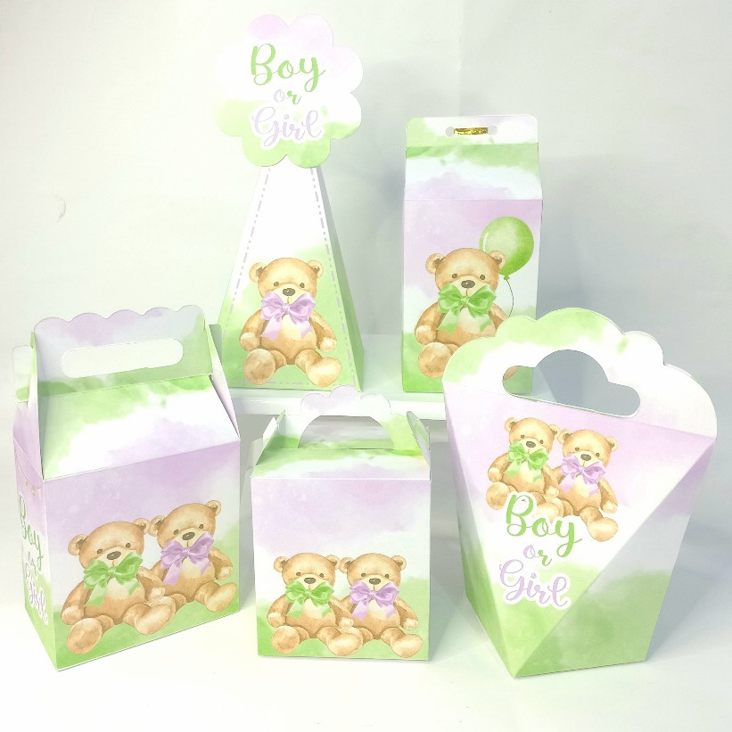 Personalizados Chá Revelação Verde e Lilás Lembrancinha Aniversário Kit Festa Infantil Pegue e Monte Decoração