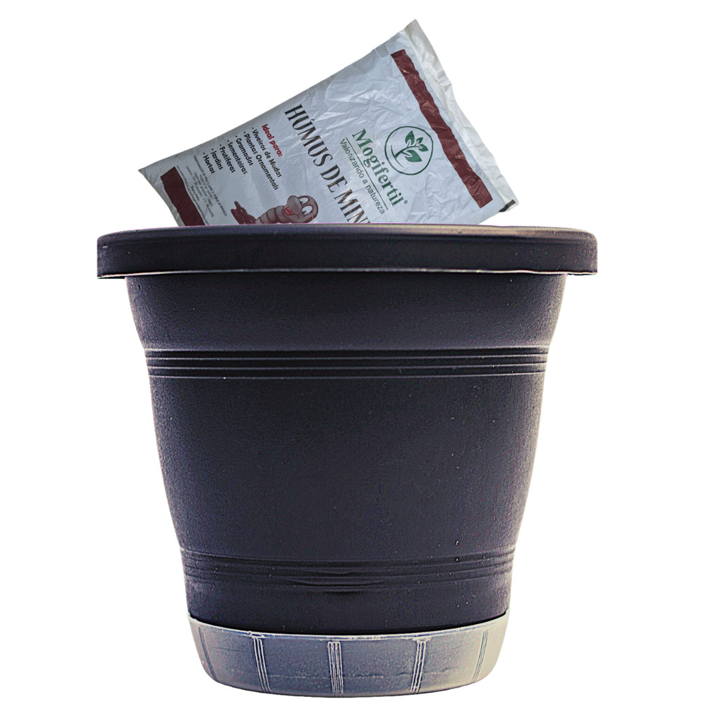 Vaso Plástico Redondo Grande 17 Litros com Prato anti dengue + 2kg Humus de Minhoca autoirrigável