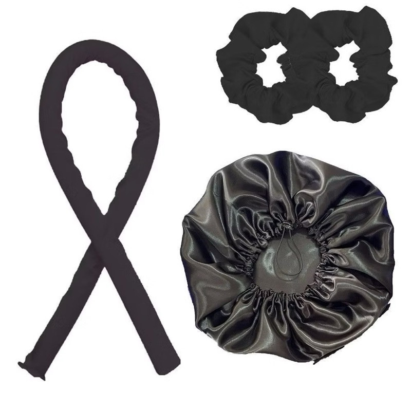 KIT 4 Peças Com Modelador de Cachos Heatless em Cetim + 2 Xuxinha Cetim + Touca Dupla Face - Protege e Define