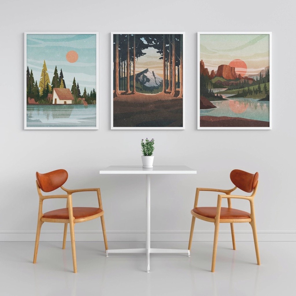 kit Quadros 3 peças 40x60 3mm Decoração Boho Paisagem Casa do Lago decoração para casa sala quarto