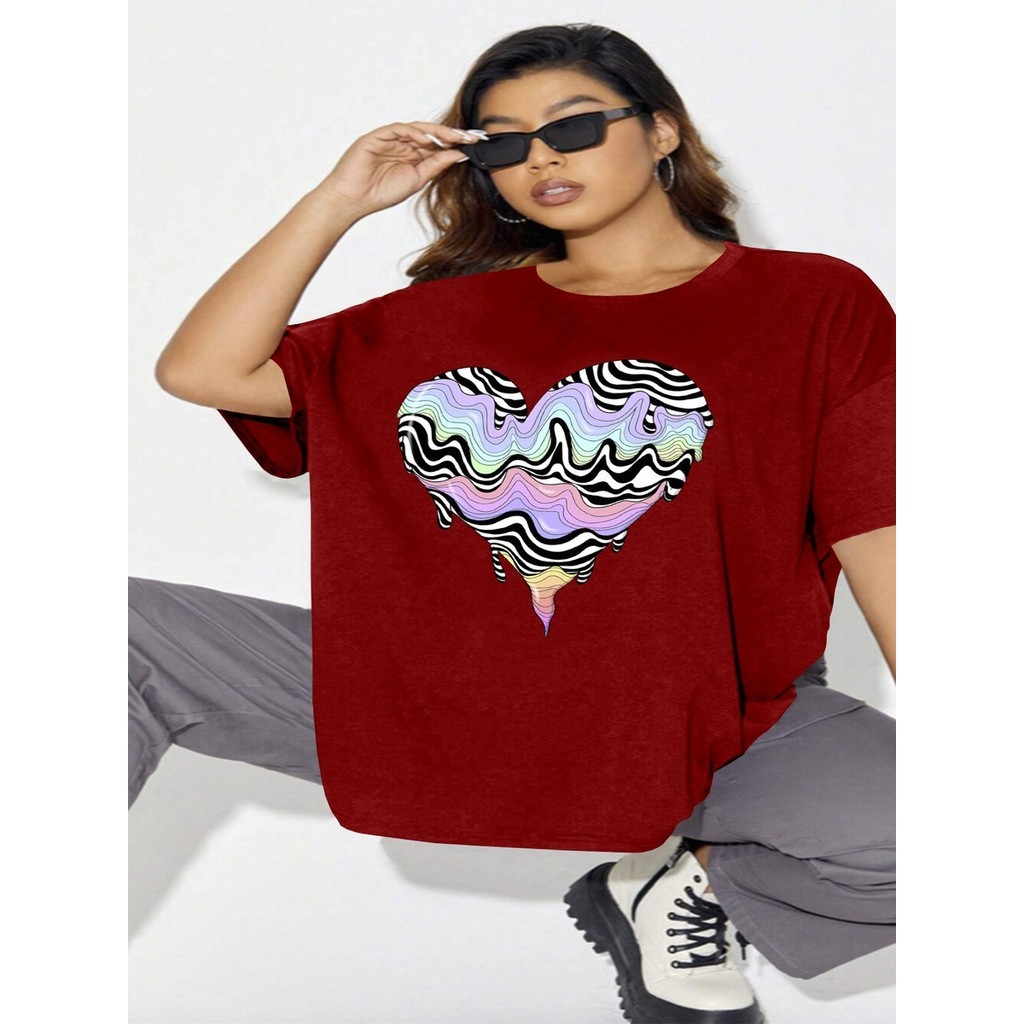 T Shirt Estampa Coração Colorido Psicodélico Moderno Confortável Camisa Elastano Blusa Bordada